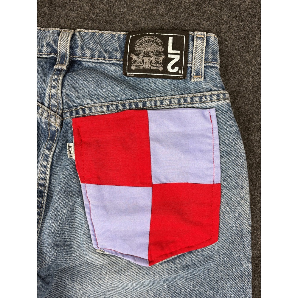 Vintage Levi's USA Y2K Reworked Flare Jeans Peace Sign Patchwork Boho Juniors 11 - Picture 12 of 14
